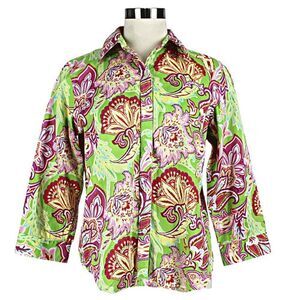 Ralph Lauren Button Front Shirt Paisley Floral Collared Green & Pink Size LP